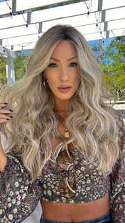 Jenna Fail @jenna_fail wearing PERFECT BLEND by BELLETRESS in color ROOTBEER FLOAT BLONDE | A Blend of Light Pearl Blonde, Ash Blonde, Beige Blonde, Champagne Blonde, and Platinum Blonde with a Light and Medium Brown Root