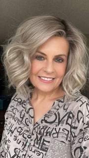 Donna @style.me.ageless wearing UNFILTERED by RAQUEL WELCH WIGS in color RL17/23SS ICED LATTE MACCHIATO | Honey Blonde shaded with Cool Blonde with Dark Roots