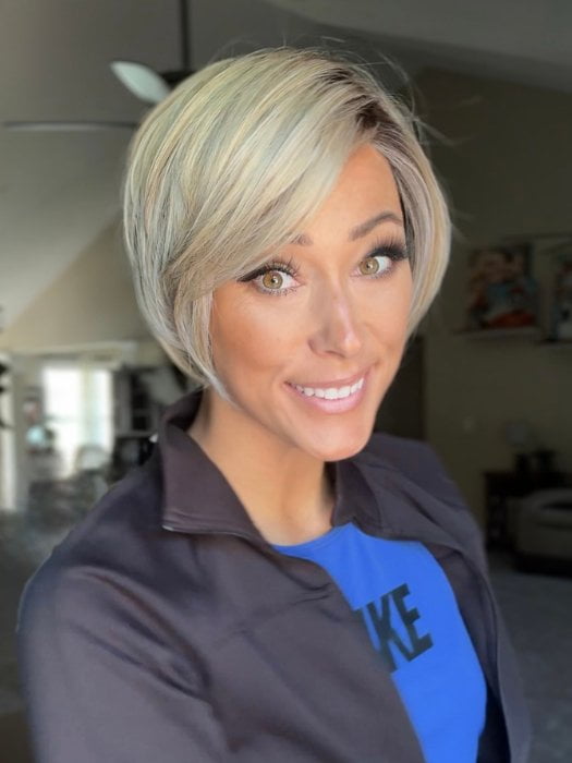 Nichole wearing ALETTA by ELLEN WILLE in IVORY-BLONDE-SHADED 101.16.14 | Medium Ash Blonde and Medium Blonde blend with Pearl Platinum and Shaded Roots