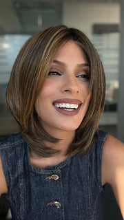 Roxie is wearing INSPIRE ME by GABOR in color GF8-29SS HAZELNUT | Medium Brown With Ginger Red Highlights & Dark Brown Roots