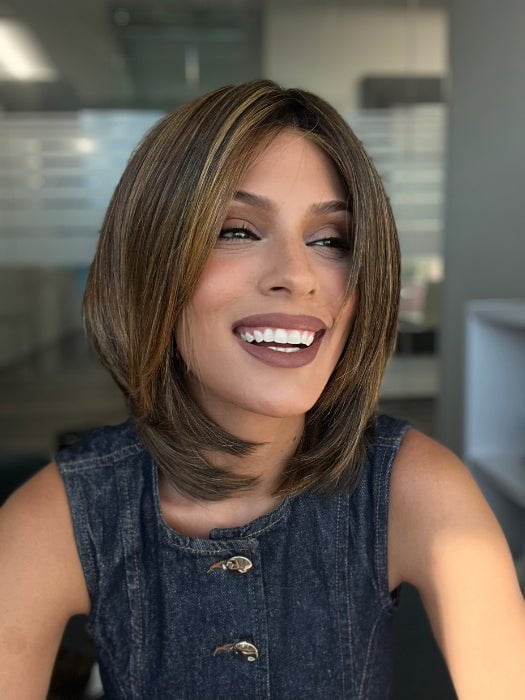 Roxie is wearing INSPIRE ME by GABOR in color GF8-29SS HAZELNUT | Medium Brown With Ginger Red Highlights & Dark Brown Roots