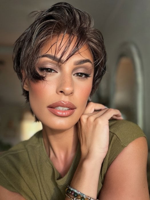 Roxie wearing AWARD DELUXE by ELLEN WILLE in COFFEE BROWN FROSTED 6.10.15 | Dark Brown and Light Brown with Light Ash Blonde Blend with a Soft Matte Finish