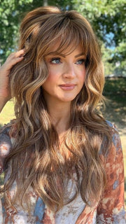 Sandy wearing GAIA by BELLETRESS in JAMOCA-ALMOND-FUDGE-R | Deep mocha brown blended with subtle golden almond undertones and fudge-like highlights to create a rich brunette hue