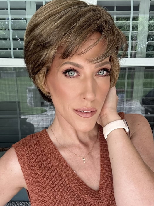 Kristyna wearing MARISKA PETITE by JON RENAU in 24BT18F BAVARIAN CREME | Dark Natural Ash Blonde & Light Gold Blonde Blend with Dark Natural Ash Blonde Nape