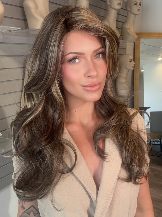 Madeline wearing LILLY by BELLETRESS in CHOCOLATE BUTTERCREAM R | Medium and Dark Brown Rooted with a Blend of Medium Brown and Dark Blonde
