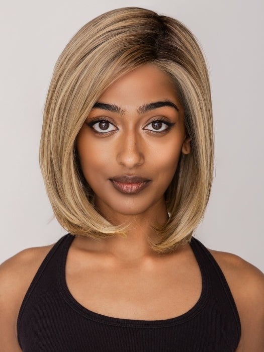 Model is wearing HAUTE by JON RENAU in 24B18S8 SHADED MOCHA | Medium Gold Brown & Light Gold Blonde Blend, Shaded with Dark Gold Brown