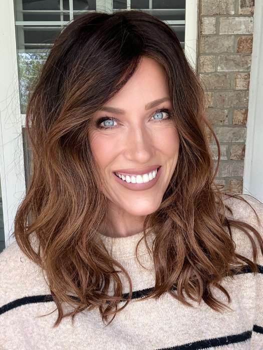 Kristyna Moore @kristynamoore wearing BALAYAGE BEAUTY by RAQUEL WELCH IN RL2/31OM OMBRE CINNAMON  | Black blend from the roots to midlength that transition into a medium light auburn ombré from midlength to the ends