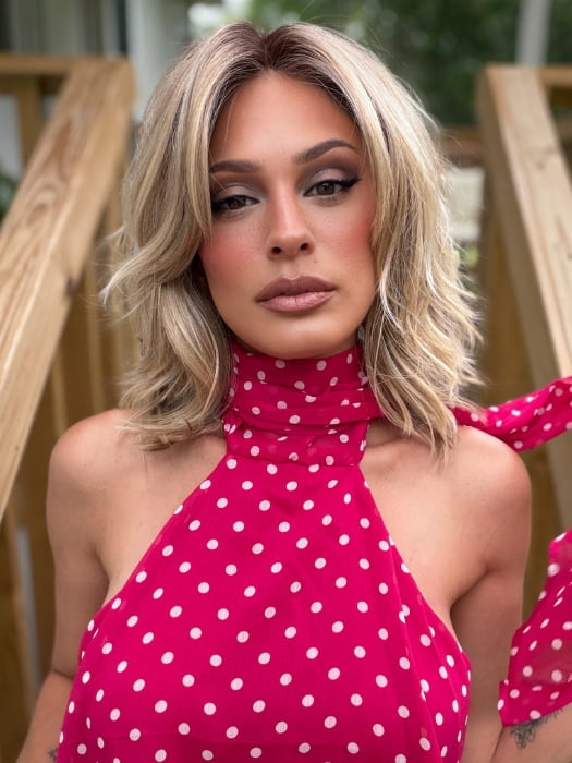 Roxie wearing MODENA by BELLETRESS in RAW SUGAR BLONDE | A Neutral Light Blonde, Honey Blonde, Pale Gold Blonde, with a base of Light Brown Lowlights featuring a Medium Root Color