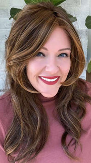 Marcie Mertz @wig.obsessed Wears AMBER by JON RENAU in 6F27 CARAMEL RIBBON | Brown with Light Red-Gold Blonde Highlights & Tips