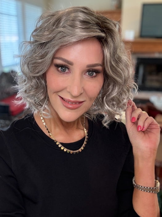 Eileen wearing GIRL MONO by ELLEN WILLE in STONE-GREY-ROOTED 56.60.58 | Dark/Lightest Brown and Lightest Blonde blended with Pearl White and a Grey Blend with Shaded Roots