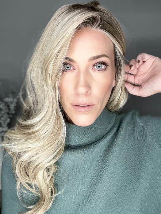 Kristyna Moore @kristynamoore wearing STATEMENT STYLE PETITE by RAQUEL WELCH WIGS in color RL19/23SS SS BISCUIT | Light Ash Blonde Evenly Blended with Cool Platinum Blonde with Dark Roots 