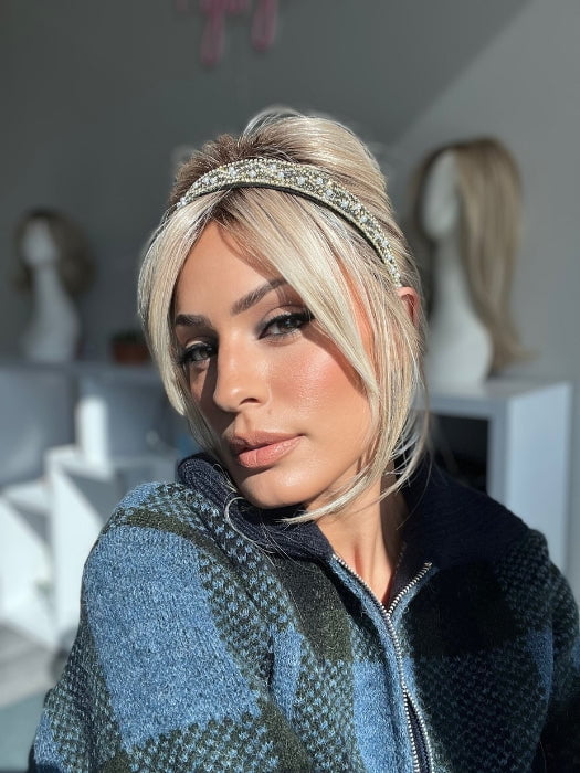 ROXIE wearing ALWAYS by RAQUEL WELCH (Styled) in RL19/23SS SHADED BISCUIT | Light Ash Blonde Evenly Blended with Cool Platinum Blonde and Dark Roots 