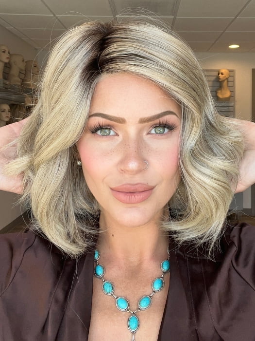 Madeline wearing UNFILTERED by RAQUEL WELCH in RL17/23SS ICED LATTE MACCHIATO | Honey Blonde shaded with Cool Blonde with Dark Roots