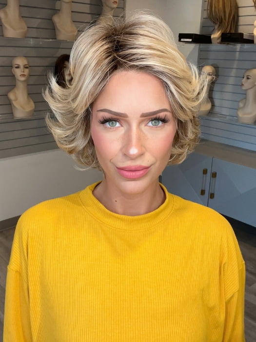 Madeline wearing ROMA by BELLETRESS in RAW SUGAR BLONDE | A Neutral Light Blonde, Honey Blonde, Pale Gold Blonde, with a base of Light Brown Lowlights featuring a Medium Root Color