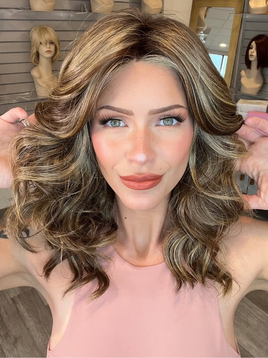Madeline wearing ELLE by BELLETRESS in CAPPUCINO LATTE R | A Deep brunette with light brown highlights and lowlights