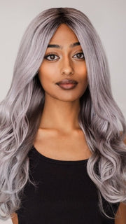 Model is wearing LENNOX by RENE OF PARIS in SMOKY-GRAY-R | Medium gray with silver highlights and blue undertones with dark roots
