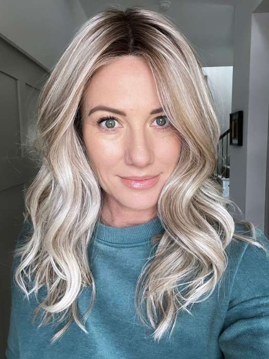 Jenny B. @thewiggygirl wearing SELFIE MODE by RAQUEL WELCH WIGS in color RL19/23SS SHADED BISCUIT | Light Ash Blonde Evenly Blended with Cool Platinum Blonde with Dark Roots