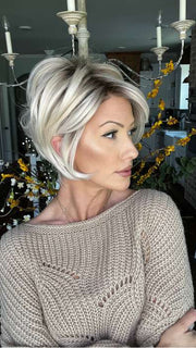 Jenna Fail @jenna_fail wearing PIXIE LITE by TRESSALLURE WIGS in color 613/1001/R18 | Vanilla Blonde Platinum White Blend Rooted Ash Brown