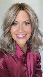 Natalie Gray @vanish.into.thin.hair wearing PEERLESS 14 by BELLETRESS in color BRITISH MILKTEA | Dark Blonde and Light Brown Blend with a Medium to Darker Root
