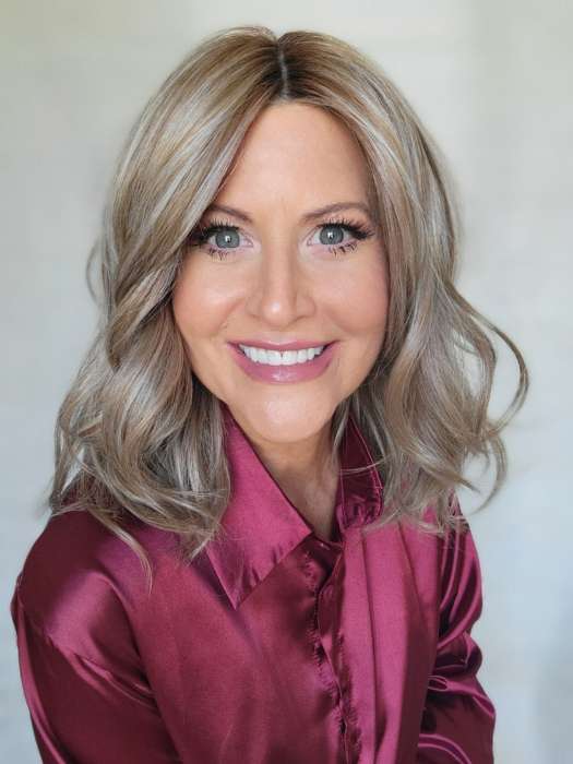 Natalie Gray @vanish.into.thin.hair wearing PEERLESS 14 by BELLETRESS in color BRITISH MILKTEA | Dark Blonde and Light Brown Blend with a Medium to Darker Root