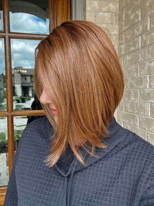 Jenny B. @thewiggygirl wearing CURRENT EVENTS by RAQUEL WELCH WIGS in color RL29/33SS ICED PUMPKIN SPICE | Strawberry Blonde Shaded with Dark Red-Brown