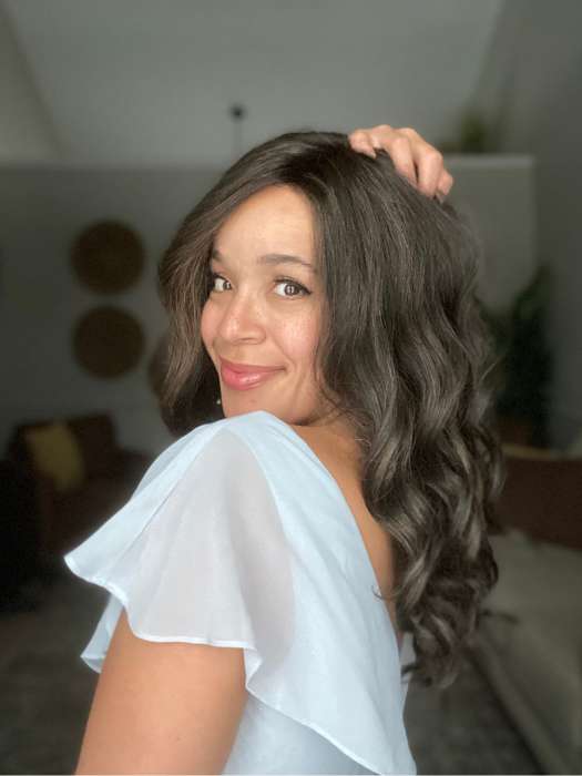 Brea Davis @getwiggywithbrea wearing DAY TO DATE by RAQUEL WELCH WIGS in color RL4/10SS SHADED ICED JAVA | Off Black shaded with Dark Brown
