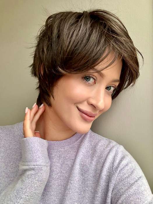 Steph @wigswithsteph wearing SO UPLIFTING by GABOR in color GF4-10SS ICED JAVA | Off Black Shaded with Dark Brown