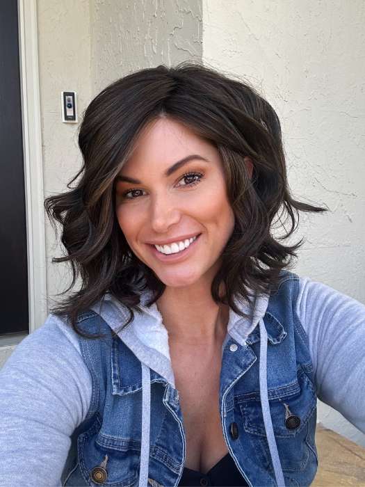 Katy C. @thewigeducator wearing EDITOR'S PICK by RAQUEL WELCH WIGS in color RL4/10SS ICED JAVA | Off Black shaded with Dark Brown