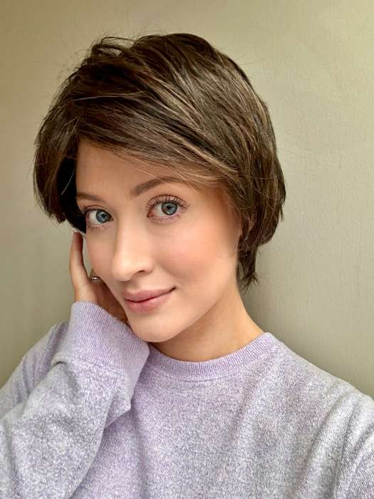 Steph @wigswithsteph wearing SO UPLIFTING by GABOR in color GF4-10SS ICED JAVA | Off Black Shaded with Dark Brown