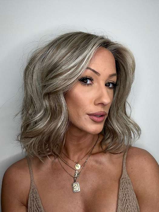 Jenna Fail @jenna_fail wearing PEERLESS 14 by BELLETRESS in color ROOTBEER FLOAT BLONDE | A Blend of Light Pearl Blonde, Ash Blonde, Beige Blonde, Champagne Blonde, and Platinum Blonde with a Light and Medium Brown Root