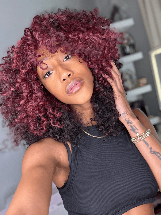 Seairra @seairrairving_ wearing MAKAYALA by KIM KIMBLE in color MC4/35SS SANGRIA | Dark Rooted Red with Fiery Red Highlights
