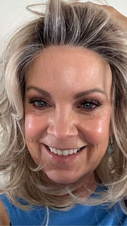 Susan Sparks @sparkles_intheworld wearing GODDESS by RAQUEL WELCH WIGS in color RL19/23SS SHADED BISCUIT | Light Ash Blonde Evenly Blended with Cool Platinum Blonde and Dark Roots