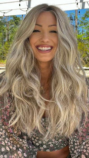 Jenna Fail @jenna_fail wearing PERFECT BLEND by BELLETRESS in color ROOTBEER FLOAT BLONDE | A Blend of Light Pearl Blonde, Ash Blonde, Beige Blonde, Champagne Blonde, and Platinum Blonde with a Light and Medium Brown Root. FB MAIN IMAGE