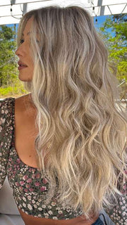 Jenna Fail @jenna_fail wearing PERFECT BLEND by BELLETRESS in color ROOTBEER FLOAT BLONDE | A Blend of Light Pearl Blonde, Ash Blonde, Beige Blonde, Champagne Blonde, and Platinum Blonde with a Light and Medium Brown Root