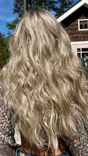 Jenna Fail @jenna_fail wearing PERFECT BLEND by BELLETRESS in color ROOTBEER FLOAT BLONDE | A Blend of Light Pearl Blonde, Ash Blonde, Beige Blonde, Champagne Blonde, and Platinum Blonde with a Light and Medium Brown Root