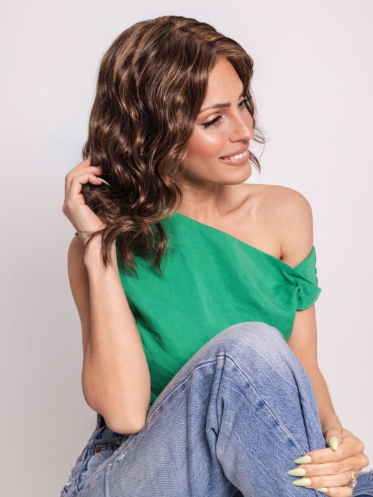 Roxie wearing MAEVE by JON RENAU in 6F27 CARAMEL RIBBON | Brown with Light Red-Gold Blonde Highlights & Tips