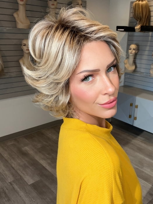 Madeline wearing ROMA by BELLETRESS in RAW SUGAR BLONDE | A Neutral Light Blonde, Honey Blonde, Pale Gold Blonde, with a base of Light Brown Lowlights featuring a Medium Root Color