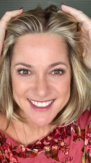 Susan Cooke @wigs_with_wisdom wearing CAMERON PETITE by JON RENAU in 12FS8 SHADED PRALINE | Light Gold Brown, Light Natural Gold Blonde & Pale Natural Gold-Blonde Blend, Shaded with Medium Brown