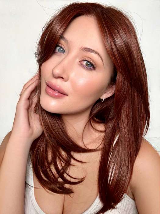 Steph B. @wigswithsteph wearing SPOTLIGHT by RAQUEL WELCH WIGS in color RL33/35 DEEPEST RUBY | Dark Auburn Evenly Blended with Ruby Red