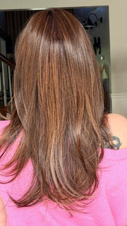 Crystal @crystallhoneycutt wearing SPEARS by BELLE TRESS in color FRENCH ROAST BROWN-R | A deep, luxurious brunette featuring a dark brown base with warm bronze and subtle red undertones. Softly rooted for natural depth and dimension.