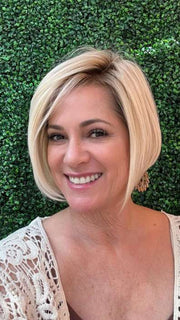 Susan C. @wigs_with_wisdom wearing IGNITE by JON RENAU in color FS24/102S12 LAGUNA BLONDE | Light Natural Gold Blonde with Pale Natural Gold Blonde bold highlights, Shaded with Light Gold Brown