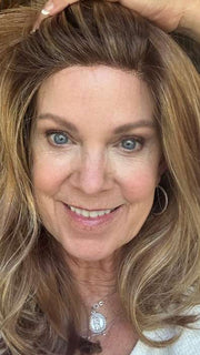 Susan Sparks @an_affair_with_hair wearing JOY by ENVY in CREAMED-COFFEE | Medium Brown roots and base with Cinnamon and Golden Blonde highlights