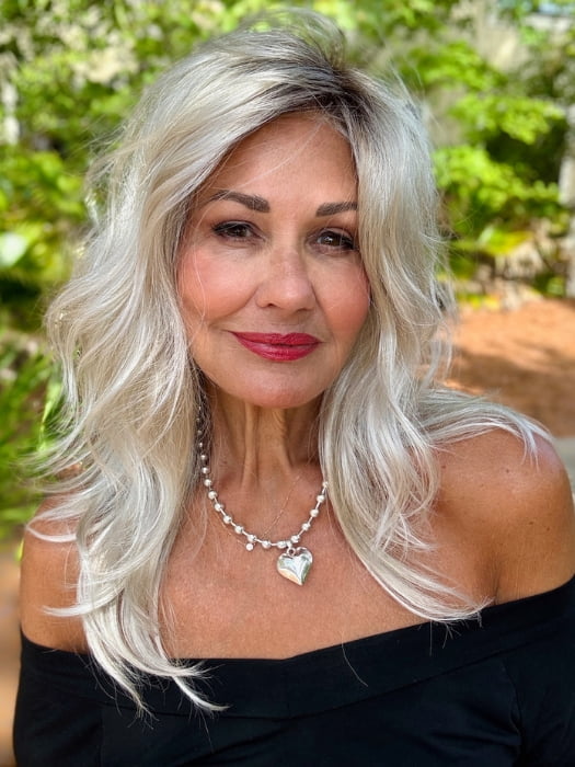 Ellen wearing ARROW by ELLEN WILLE in PLATIN BLONDE ROOTED 60.24 | Pearl Platinum, Light Golden Blonde, and Pure White Blend