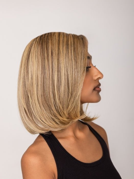Model is wearing HAUTE by JON RENAU in 24B18S8 SHADED MOCHA | Medium Gold Brown & Light Gold Blonde Blend, Shaded with Dark Gold Brown