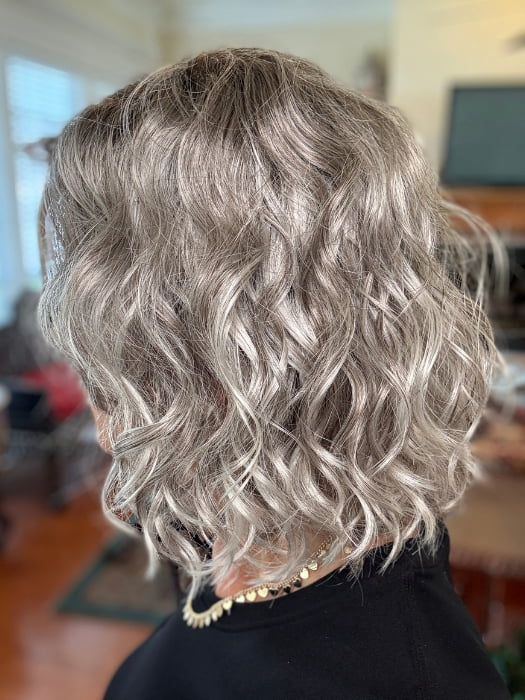Eileen wearing GIRL MONO by ELLEN WILLE in STONE-GREY-ROOTED 56.60.58 | Dark/Lightest Brown and Lightest Blonde blended with Pearl White and a Grey Blend with Shaded Roots