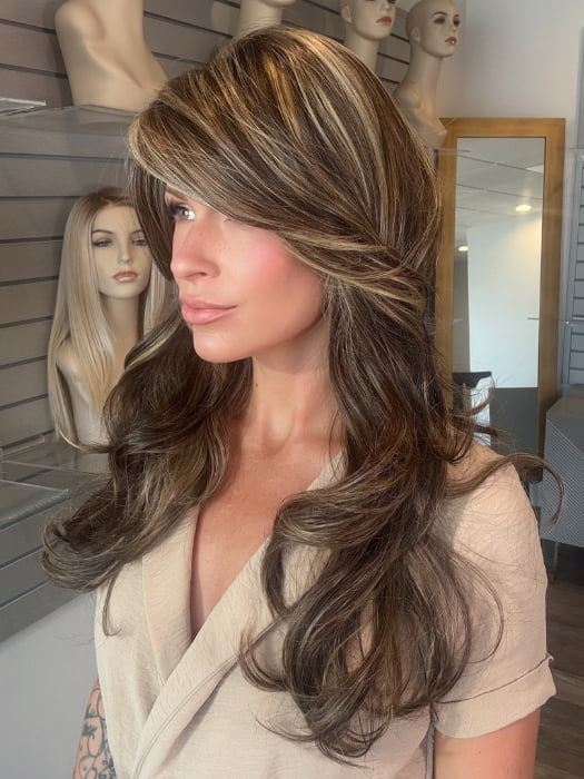 Madeline wearing LILLY by BELLETRESS in CHOCOLATE BUTTERCREAM R | Medium and Dark Brown Rooted with a Blend of Medium Brown and Dark Blonde