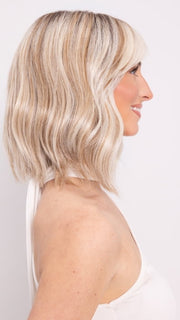 Ava wearing HOLLIE PETITE by JON RENAU in 101/88/27S8 CATALINA BLONDE | Pale blonde with Pure White Natural Violet halo highlights, shaded medium brown