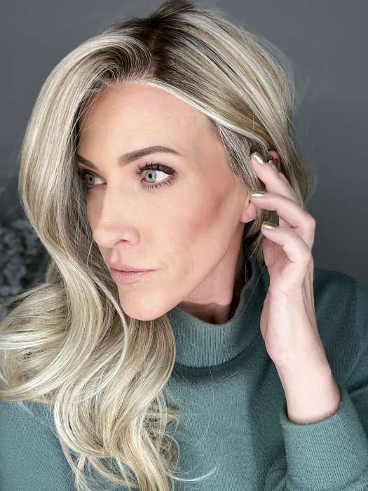 Kristyna Moore @kristynamoore wearing STATEMENT STYLE PETITE by RAQUEL WELCH WIGS in color RL19/23SS SS BISCUIT | Light Ash Blonde Evenly Blended with Cool Platinum Blonde with Dark Roots 