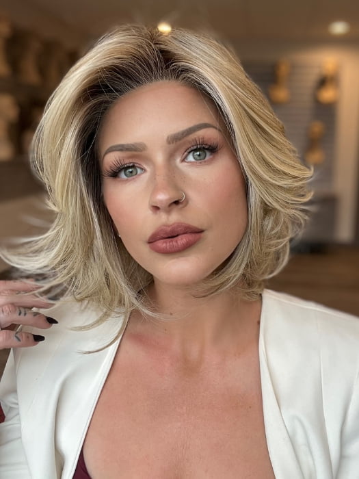 Madeline wearing ELIZABETH by JON RENAU in 22F16S8 VENICE BLONDE | Light Ash Blonde and Light Natural Blonde Blend Shaded with Medium Brown