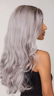 Model is wearing LENNOX by RENE OF PARIS in SMOKY-GRAY-R | Medium gray with silver highlights and blue undertones with dark roots